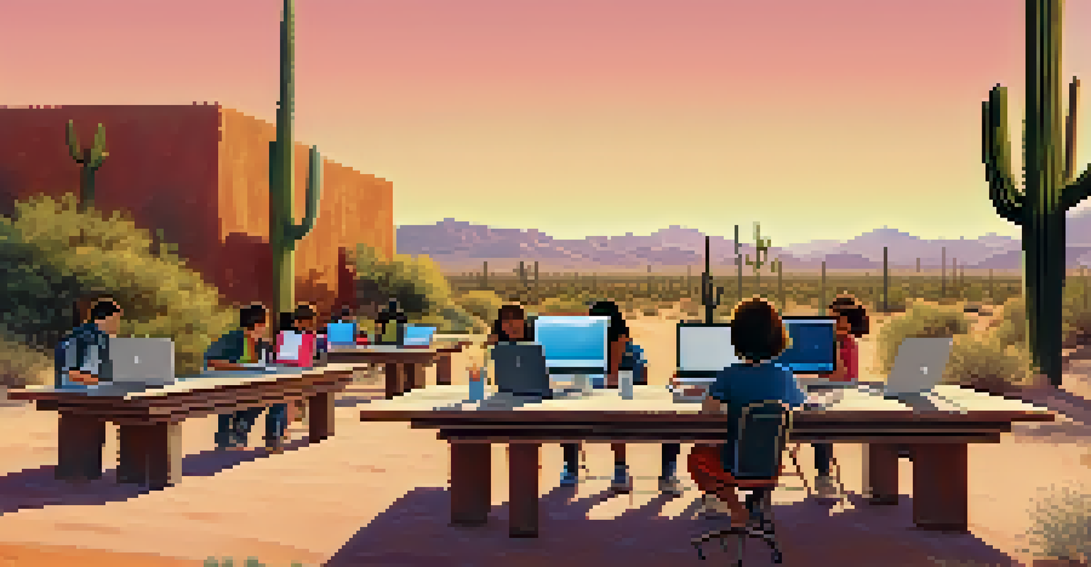 Students participating in a coding workshop outdoors in Tucson, with laptops on picnic tables and a desert landscape in the background.