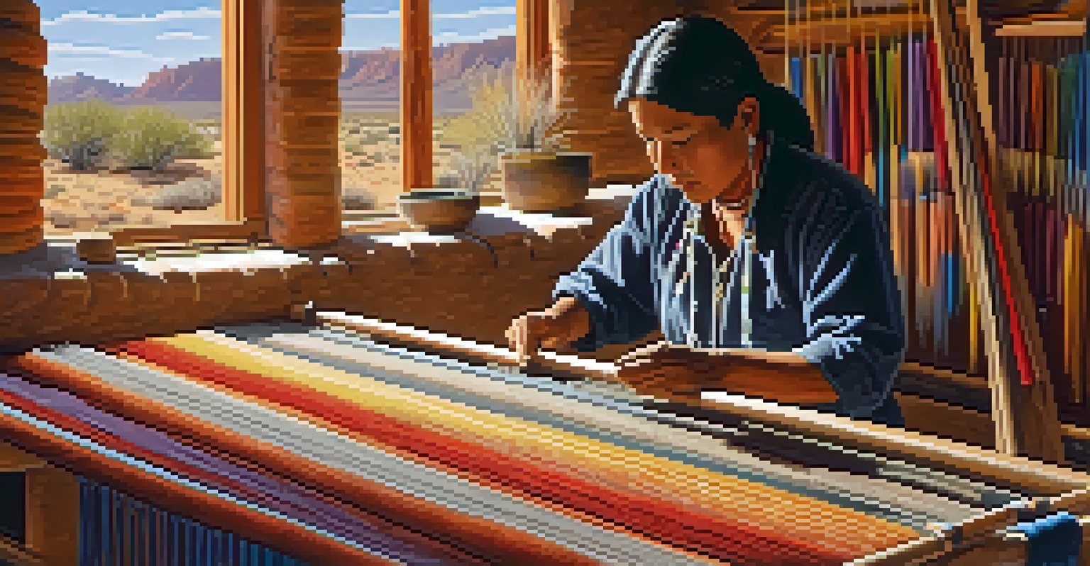 An artist weaving a traditional Navajo textile, with colorful threads and sunlight illuminating the workshop.