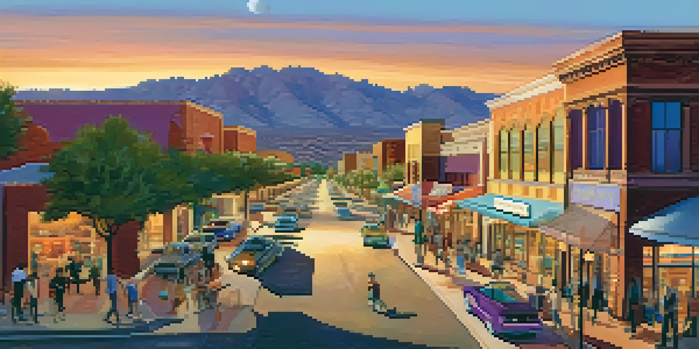 A vibrant urban street in Arizona with pedestrians, shops, and a sunset sky.