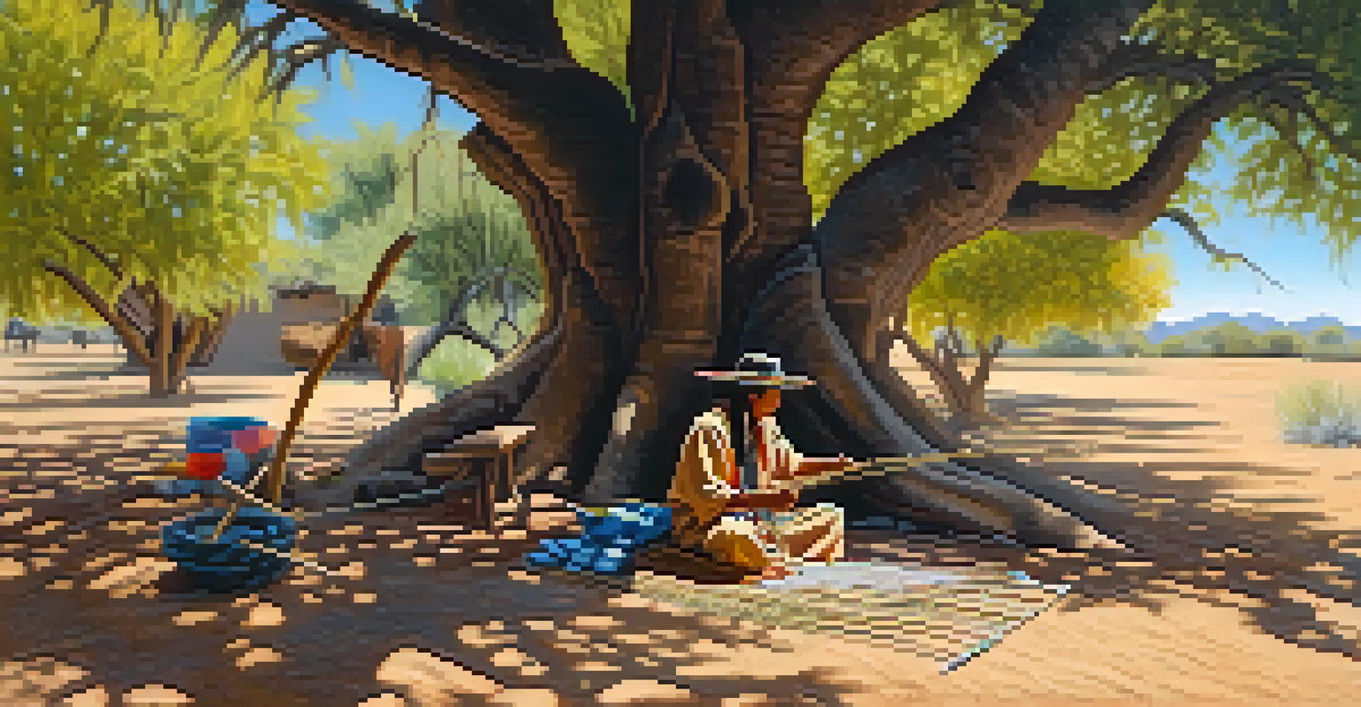 A Native American artisan weaving a textile under a mesquite tree, surrounded by colorful yarns, with sunlight filtering through the leaves.