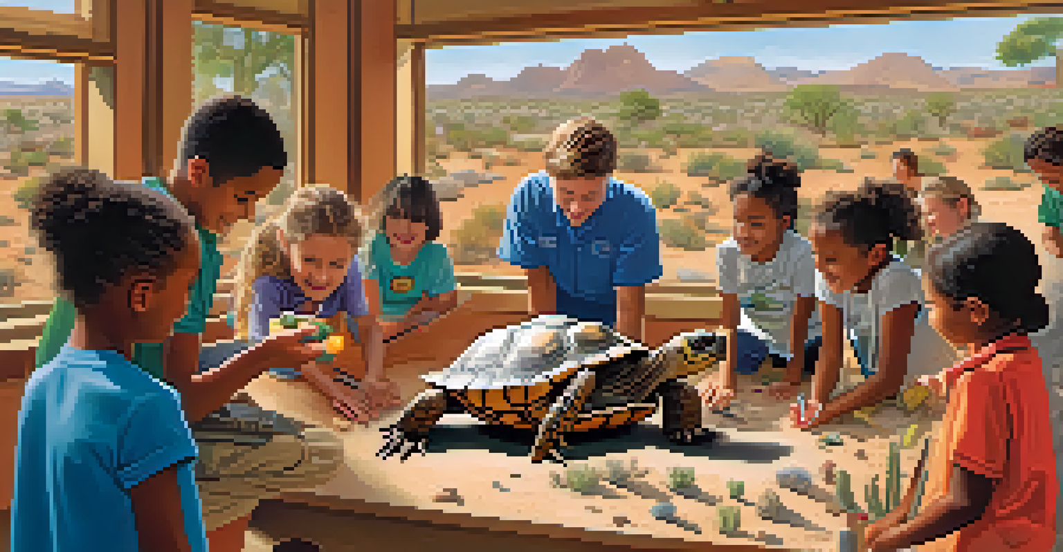 A wildlife rehabilitator presenting a desert tortoise to a group of children and adults during an educational workshop in a bright room.
