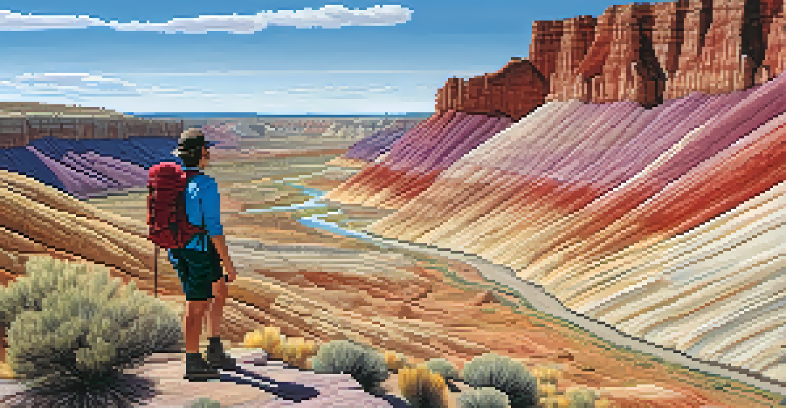 A hiker on the Blue Mesa Trail in Petrified Forest National Park surrounded by colorful hills and unique geological formations.