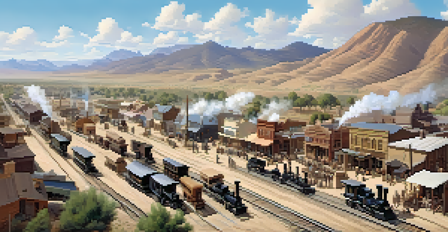 Aerial view of a late 19th-century railroad town in Arizona with depots, horse-drawn carriages, and mountains in the background.