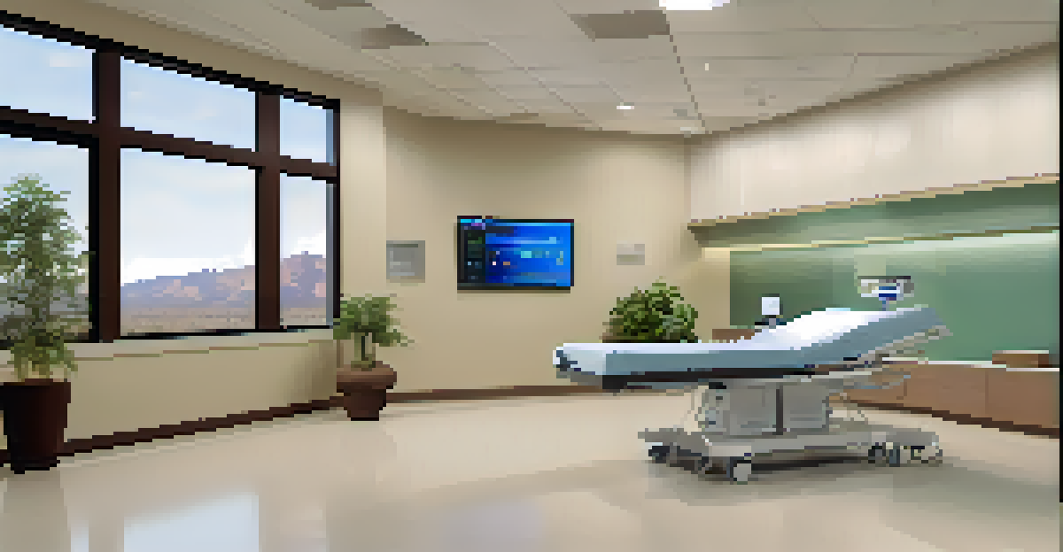 A telemedicine consultation in a modern healthcare facility with a doctor and patient on a screen.