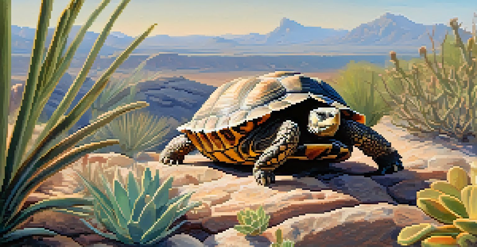Close-up of a Sonoran Desert tortoise on rocky ground, with sunlight highlighting its shell and native desert plants in the background.