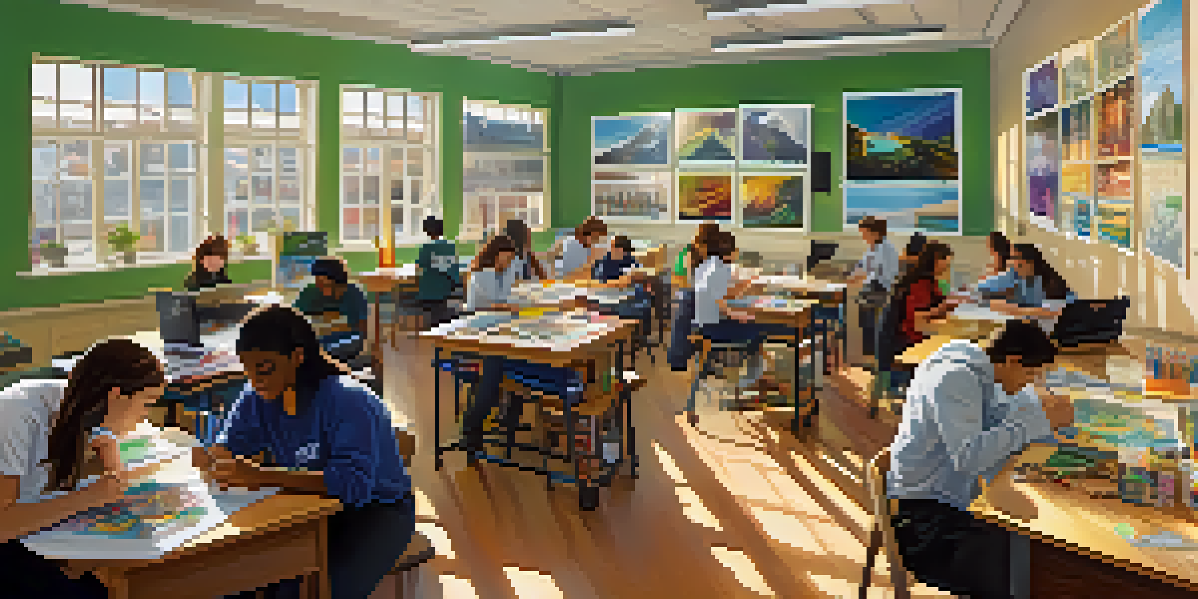 A lively classroom with diverse students working together on an interdisciplinary project, surrounded by art supplies and scientific materials.