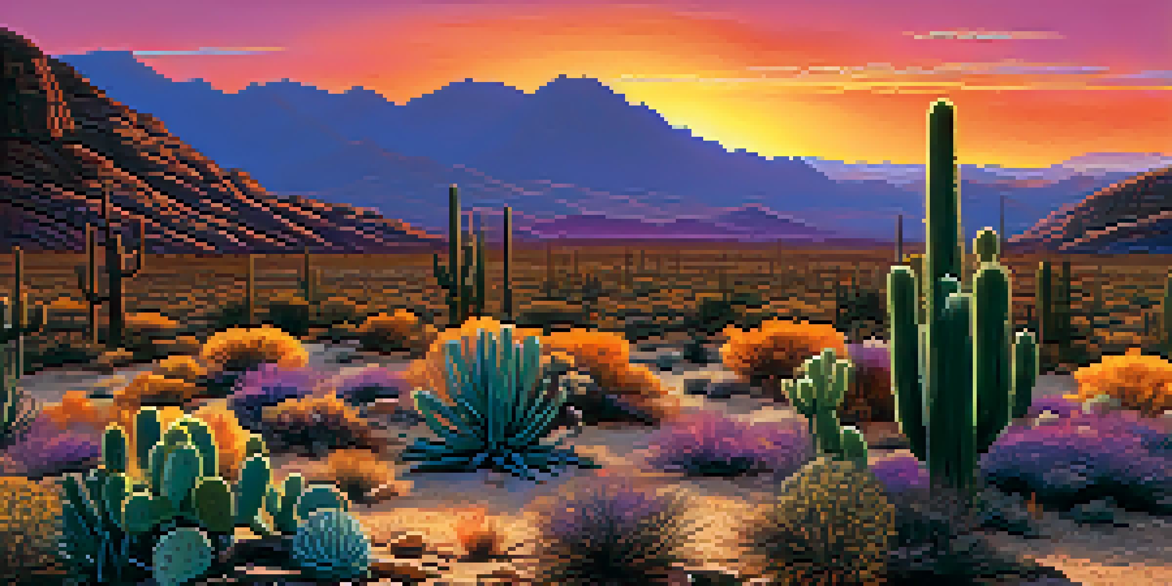 A sunset over an Arizona desert landscape with silhouetted cacti and vibrant sky colors.