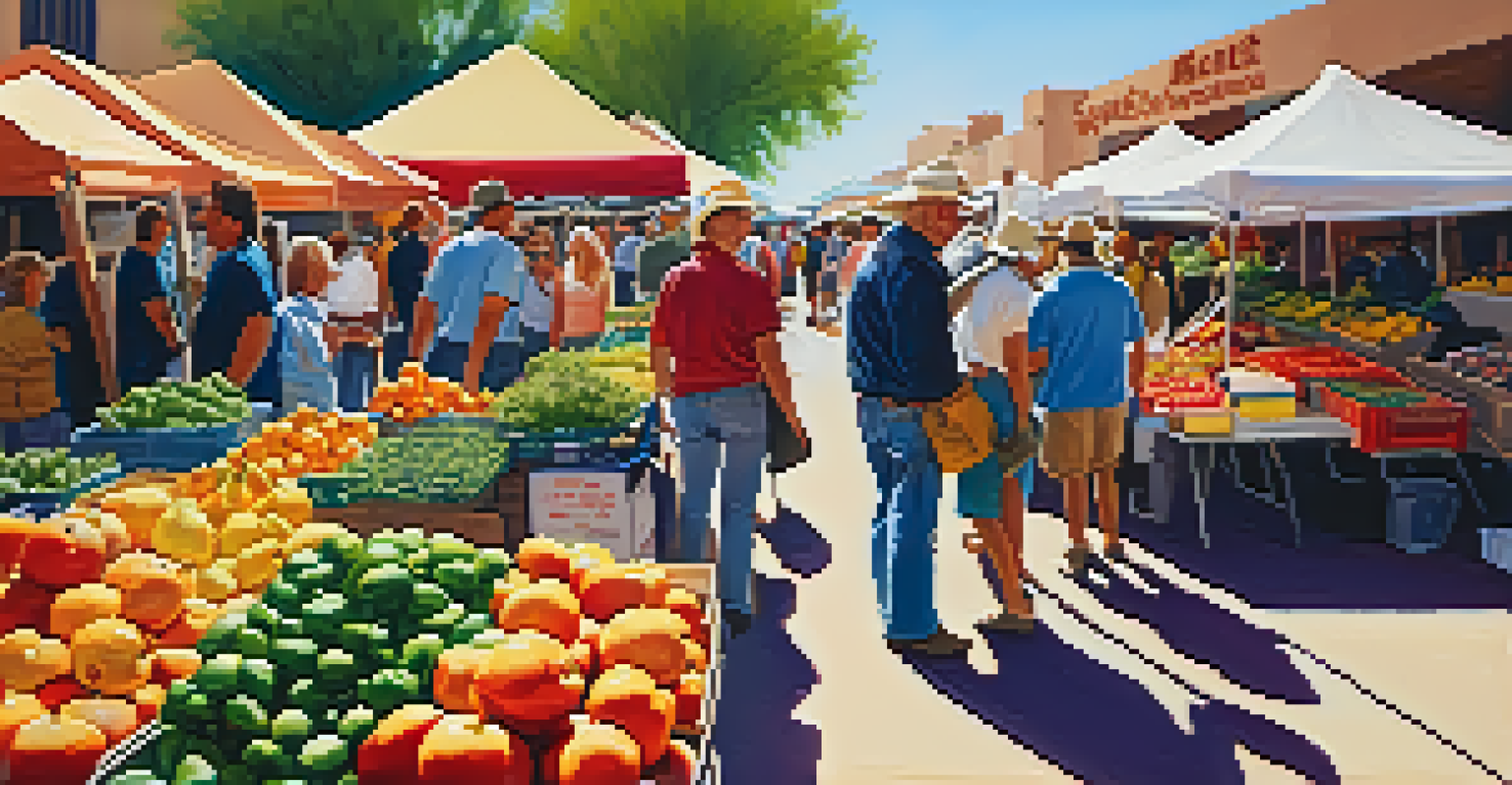 A lively farmers' market in Arizona with colorful produce and locals interacting under the afternoon sun.