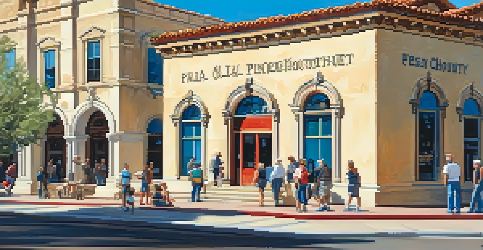 The old Pinal County Courthouse in Florence, Arizona, serving as a community center, with people attending an event outside, showcasing its restored classic architecture.