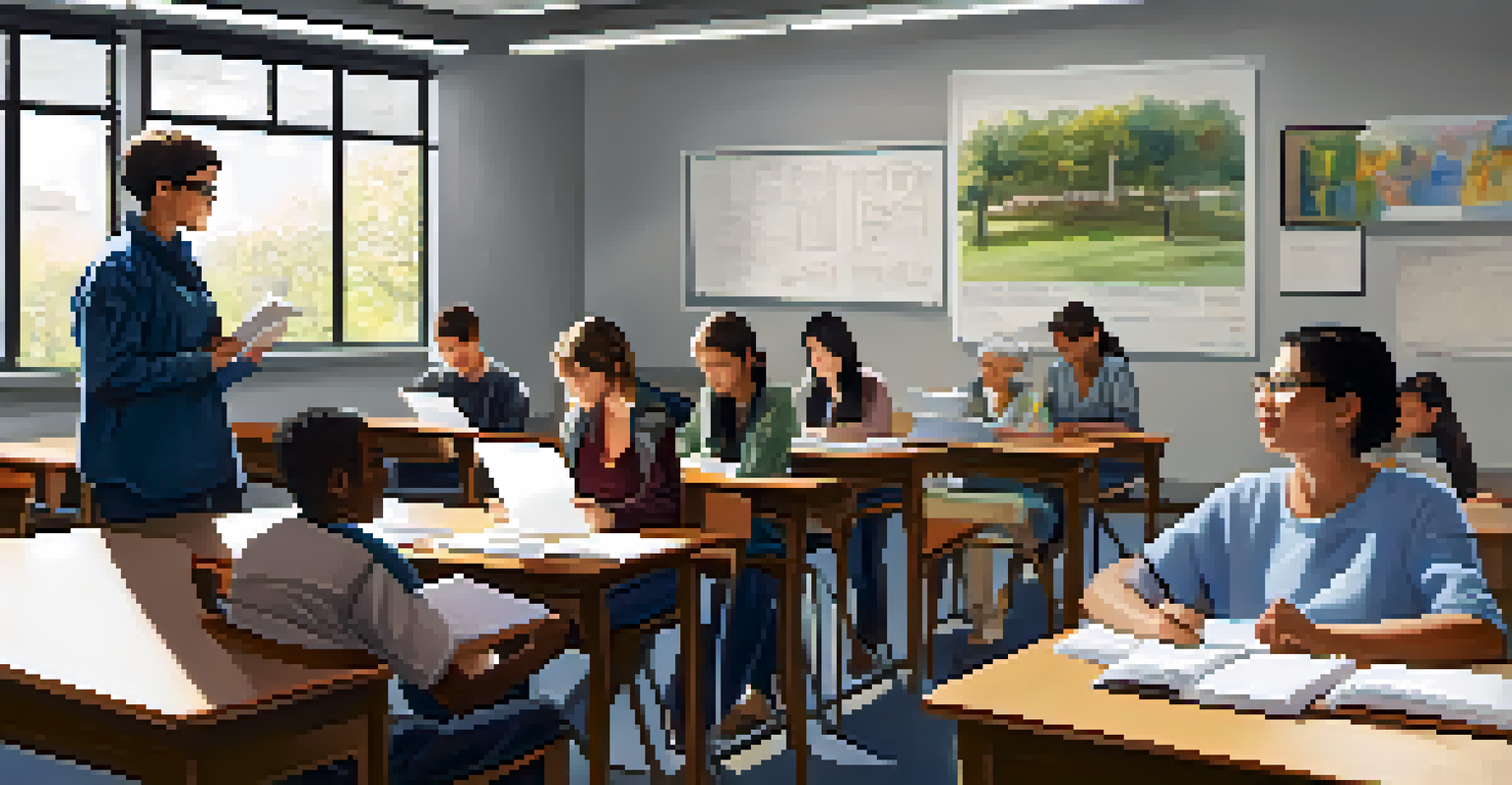 A classroom with an instructor teaching adult learners, surrounded by educational materials and a bright environment.