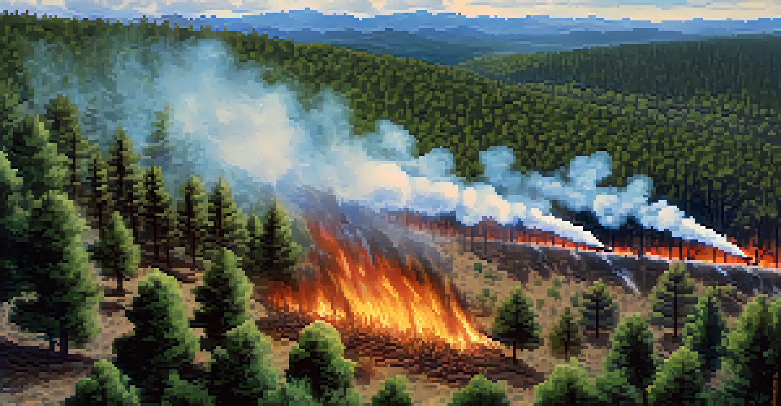 An aerial view of a controlled burn in an Arizona forest, with smoke rising and firefighters managing the flames, surrounded by greenery and mountains in the background.