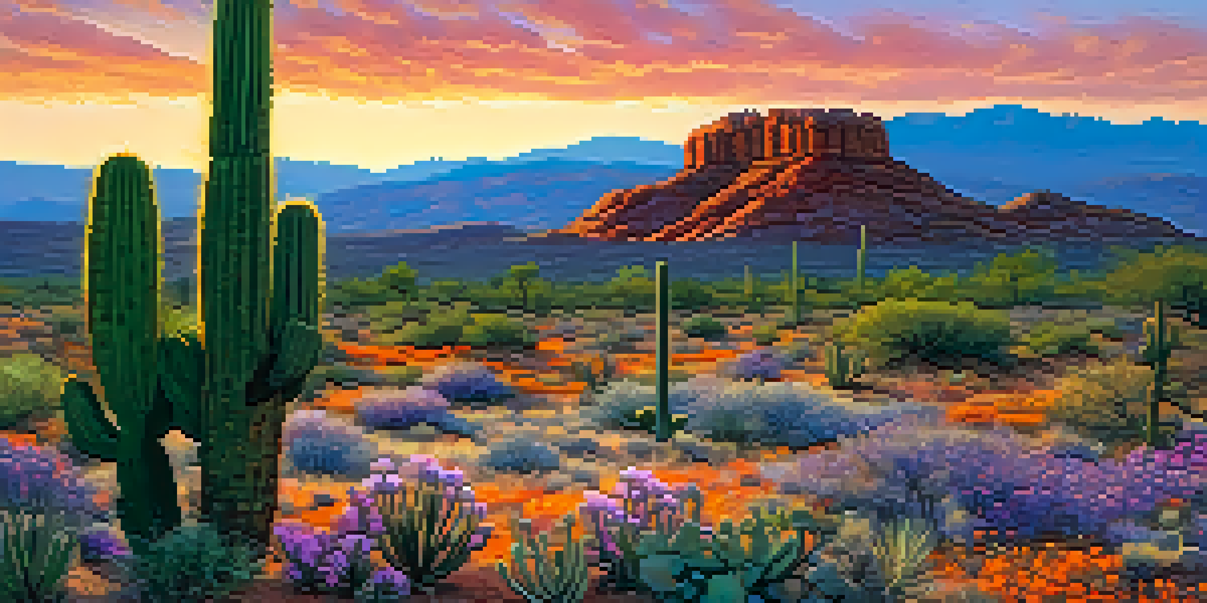 A colorful Arizona desert landscape at sunset with red hills, wildflowers, cacti, and a clear sky in vibrant colors.