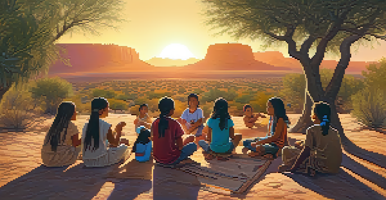 Native American children listening to a storyteller under a mesquite tree during sunset.