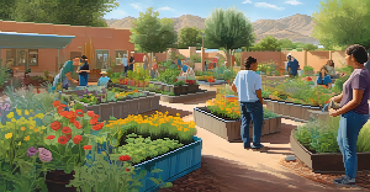 A community garden in Arizona with sustainable practices, featuring residents gardening among native plants and rainwater collection barrels.