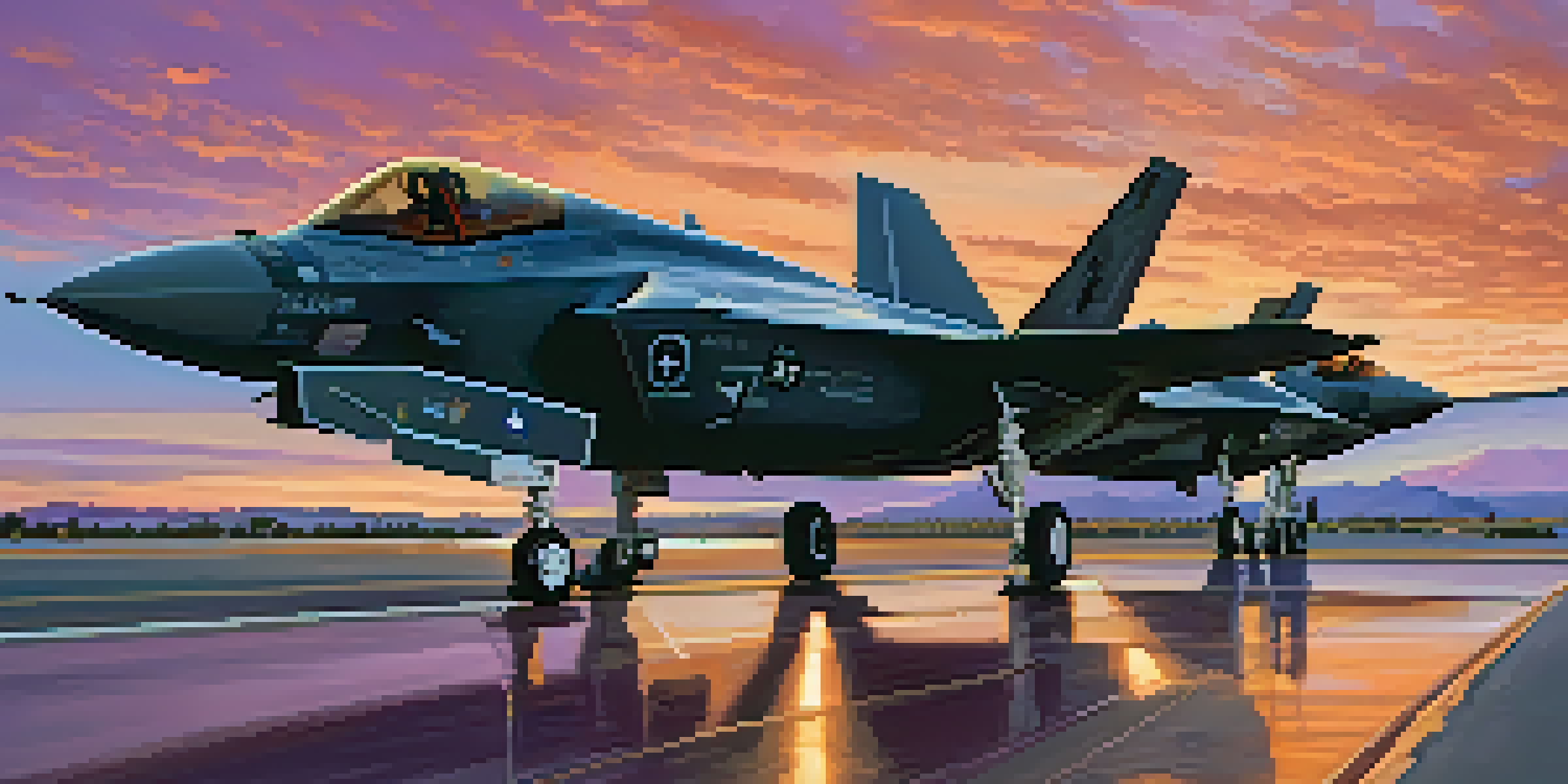 A sunset view of Luke Air Force Base with F-35 jets and a soldier saluting.