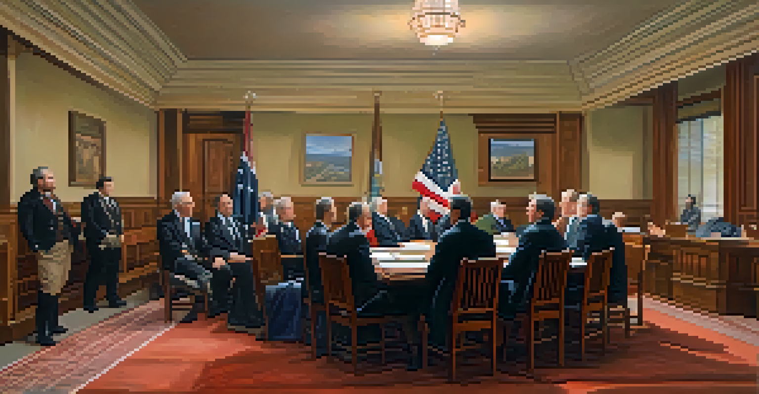 A depiction of Mormon leaders discussing local governance in a historical meeting room filled with books and maps.