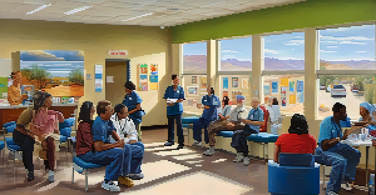 A busy community health center in Arizona with healthcare workers and patients discussing drug prevention.