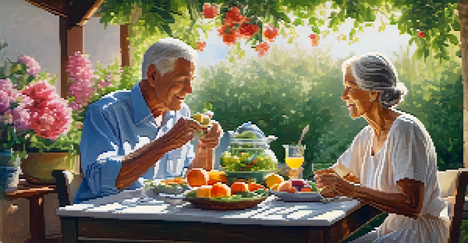 An elderly couple sharing a healthy meal in their Arizona garden, surrounded by fresh produce and blooming flowers, under warm sunlight.