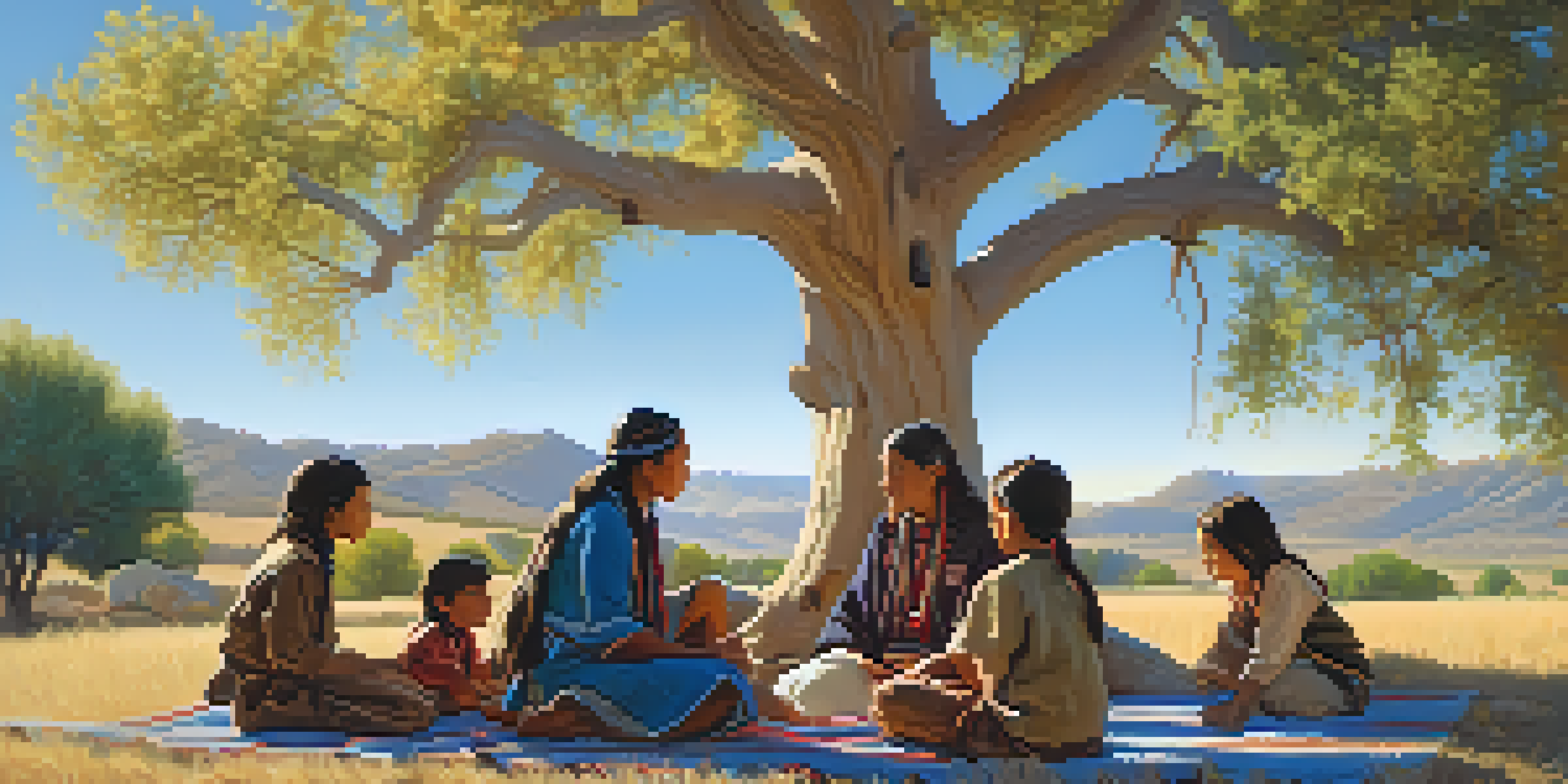 An elder teaches children traditional storytelling under a large cottonwood tree, with warm sunlight and rolling hills in the background.