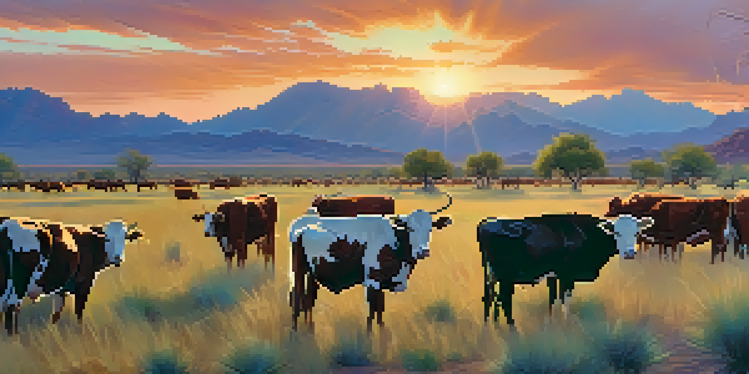 A scenic ranch in Arizona at sunset with Brahman cattle grazing in a lush field and mountains in the background.