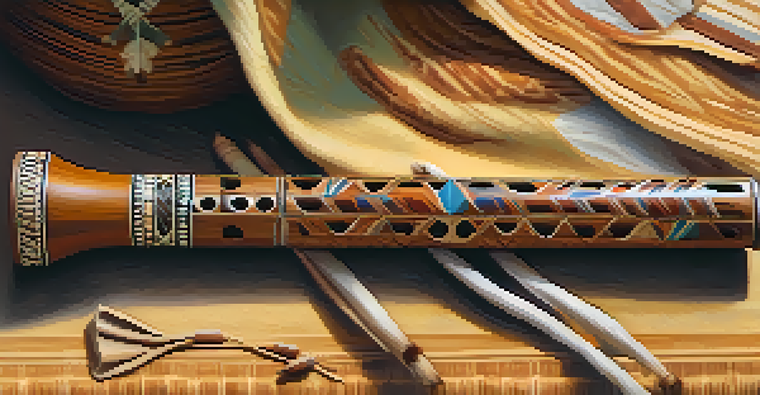A close-up view of a hand-carved Native American flute on a woven mat, with a blurred desert landscape in the background.