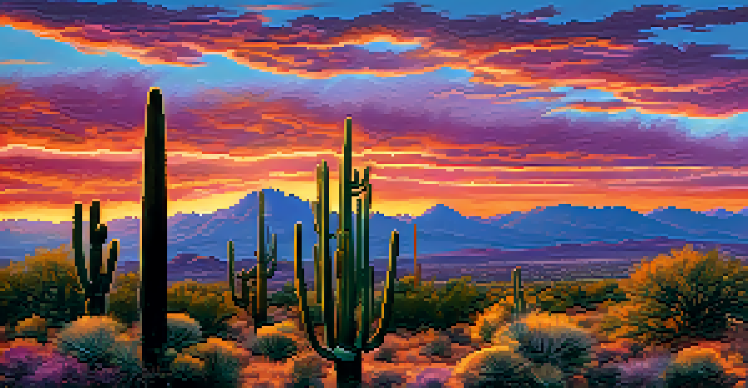 A beautiful Arizona landscape at sunset with cacti and mountains silhouetted against a colorful sky.