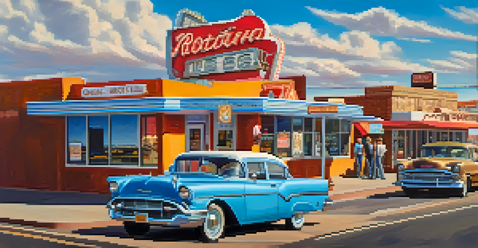 A charming small town on Route 66 with a diner, motel, and tourists.