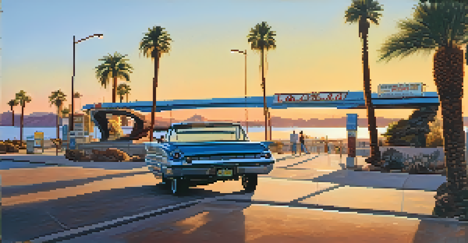 The London Bridge in Lake Havasu City, Arizona, illuminated during sunset with tourists nearby and palm trees around the calm lake.