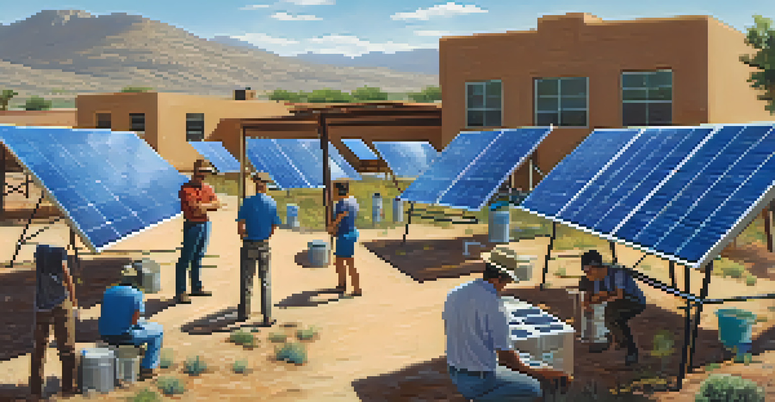 A community workshop in rural Arizona with residents learning to operate solar-powered water filtration systems, featuring diverse individuals and solar panels in the background.