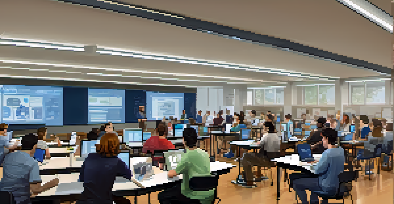 A classroom filled with students engaged in a data science workshop, showcasing collaboration and technology.