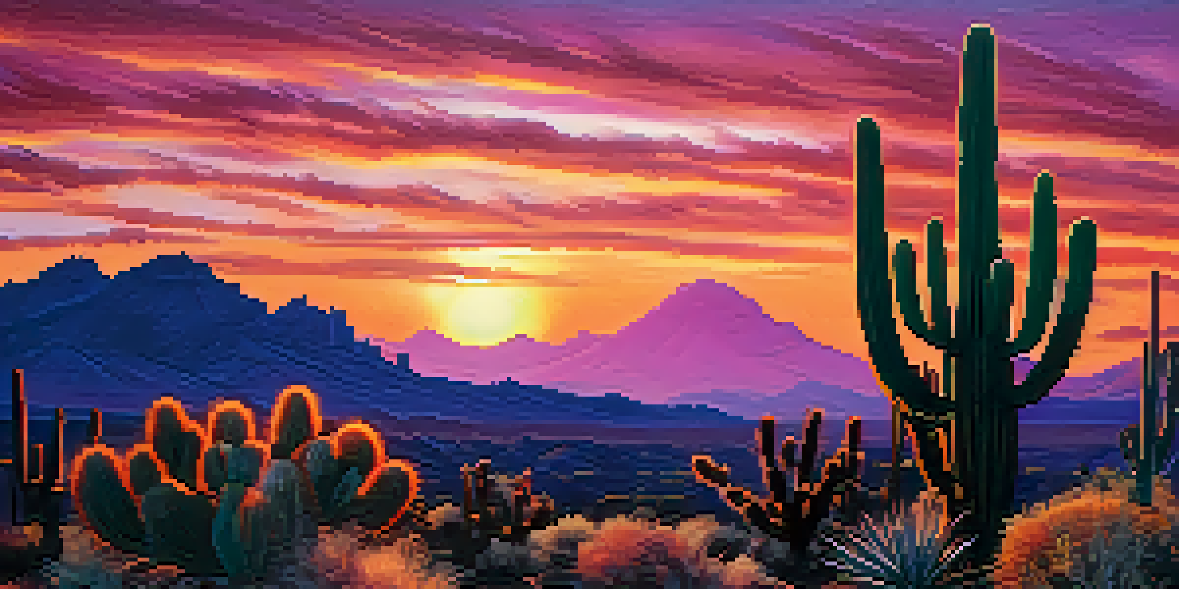 A stunning sunset over the Arizona desert featuring silhouettes of cacti and mountains, showcasing vibrant colors in the sky.