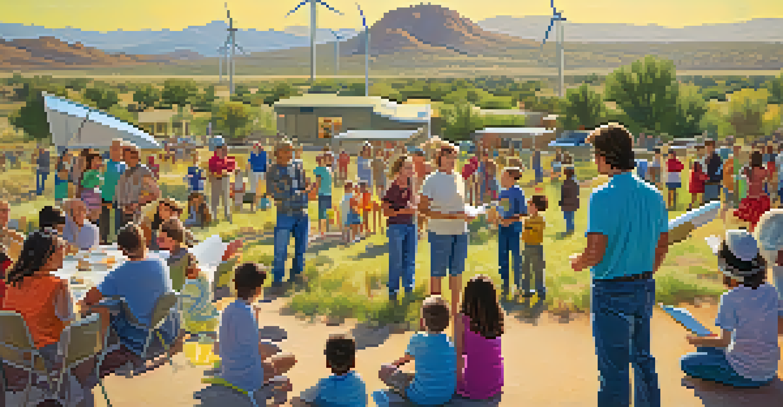 A community event in Arizona with residents learning about wind energy around a model wind turbine.