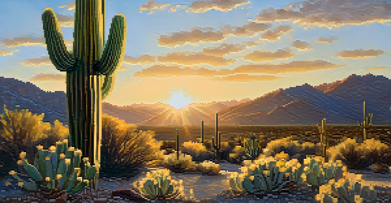 Close-up of a saguaro cactus during golden hour with sunlight highlighting its texture and a blurred desert landscape in the background.
