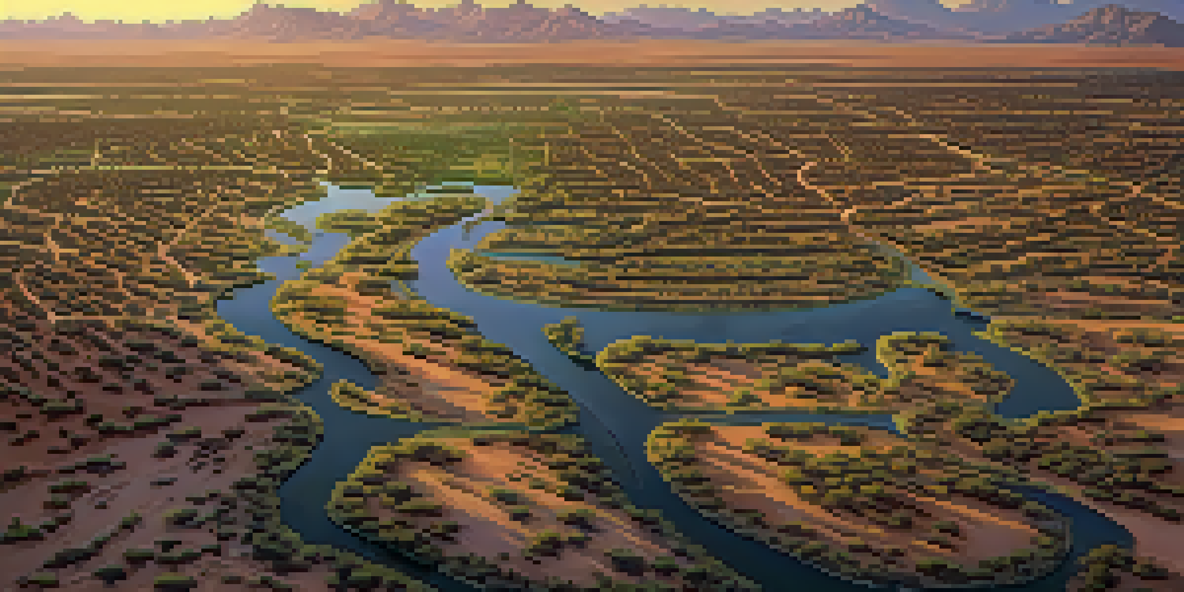 Aerial view of ancient canals in Arizona with green vegetation contrasting the surrounding desert landscape at sunset.