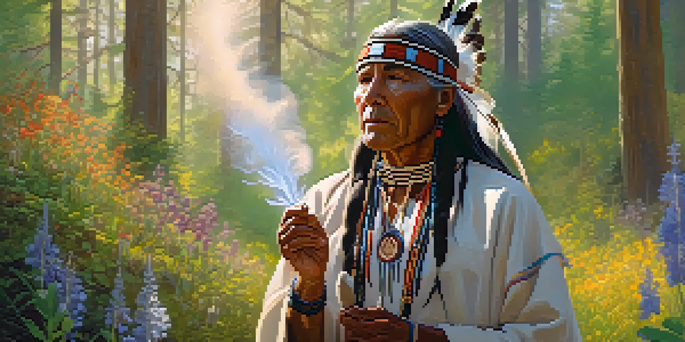 A Native American healer in traditional clothing, holding sage in a forest filled with wildflowers and trees, with soft sunlight filtering through the leaves.