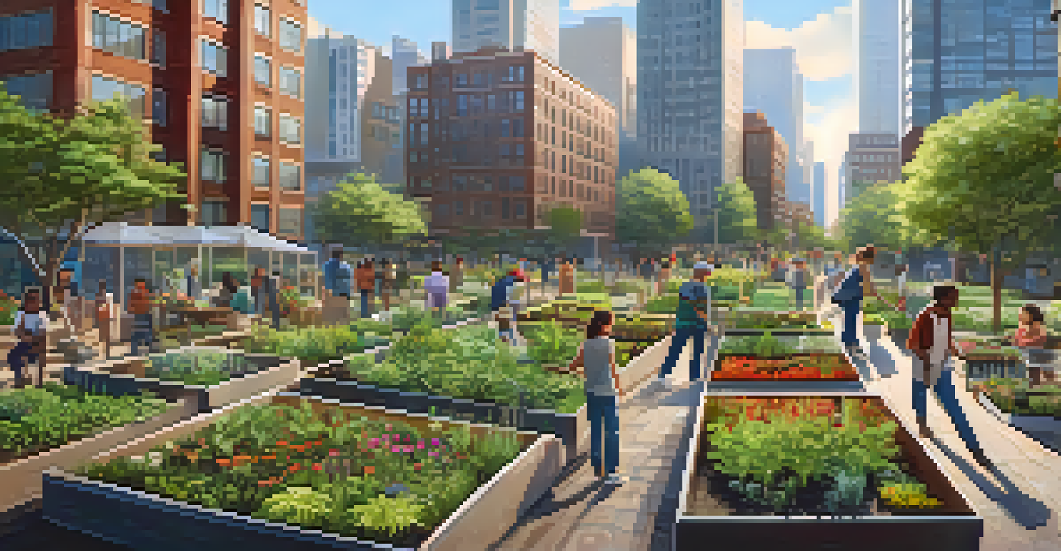 Residents working together in a community garden with native plants and a city backdrop.