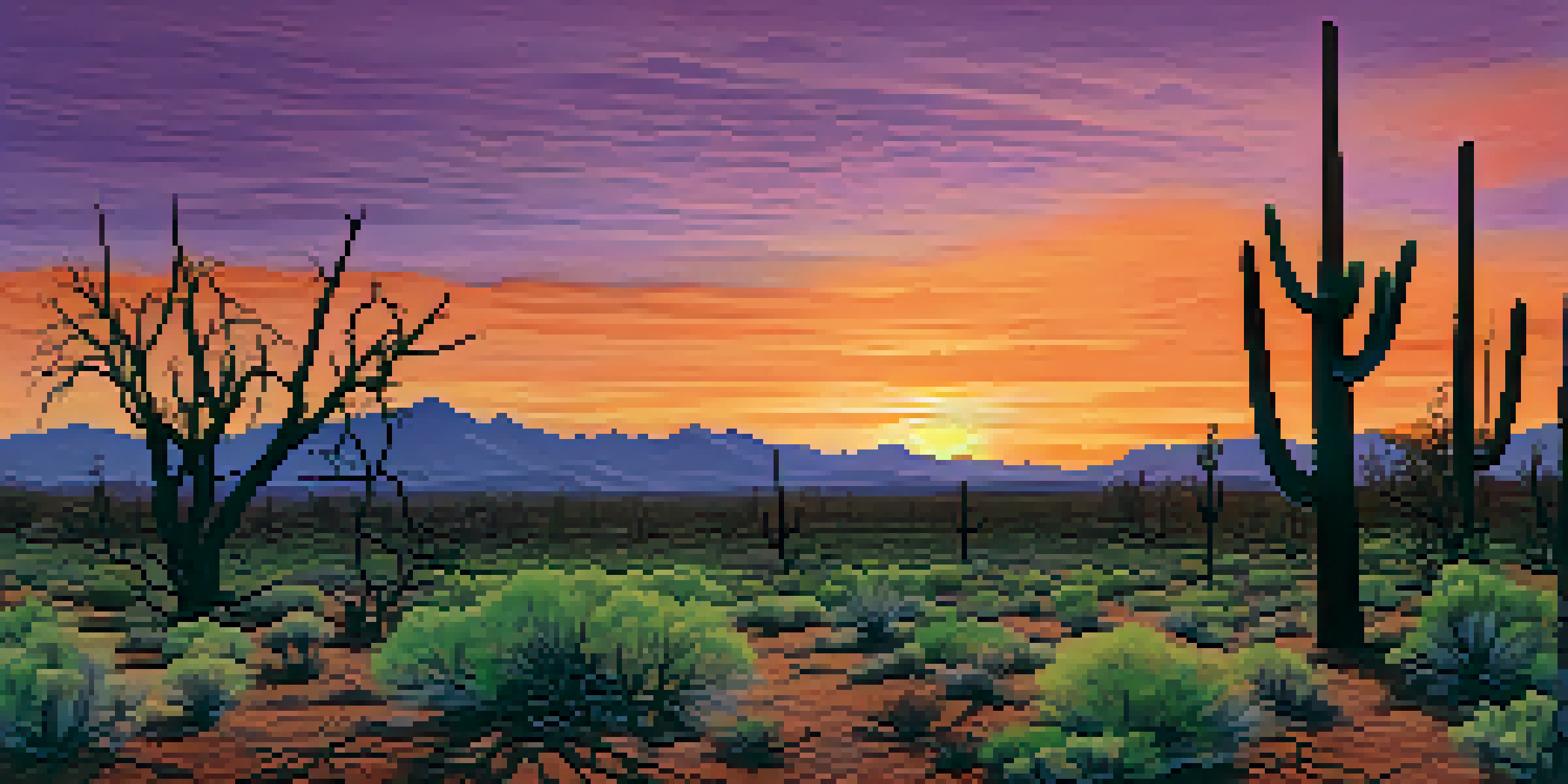 A panoramic view of Arizona's desert landscape after a wildfire, featuring charred trees and a vibrant sunset with warm hues.