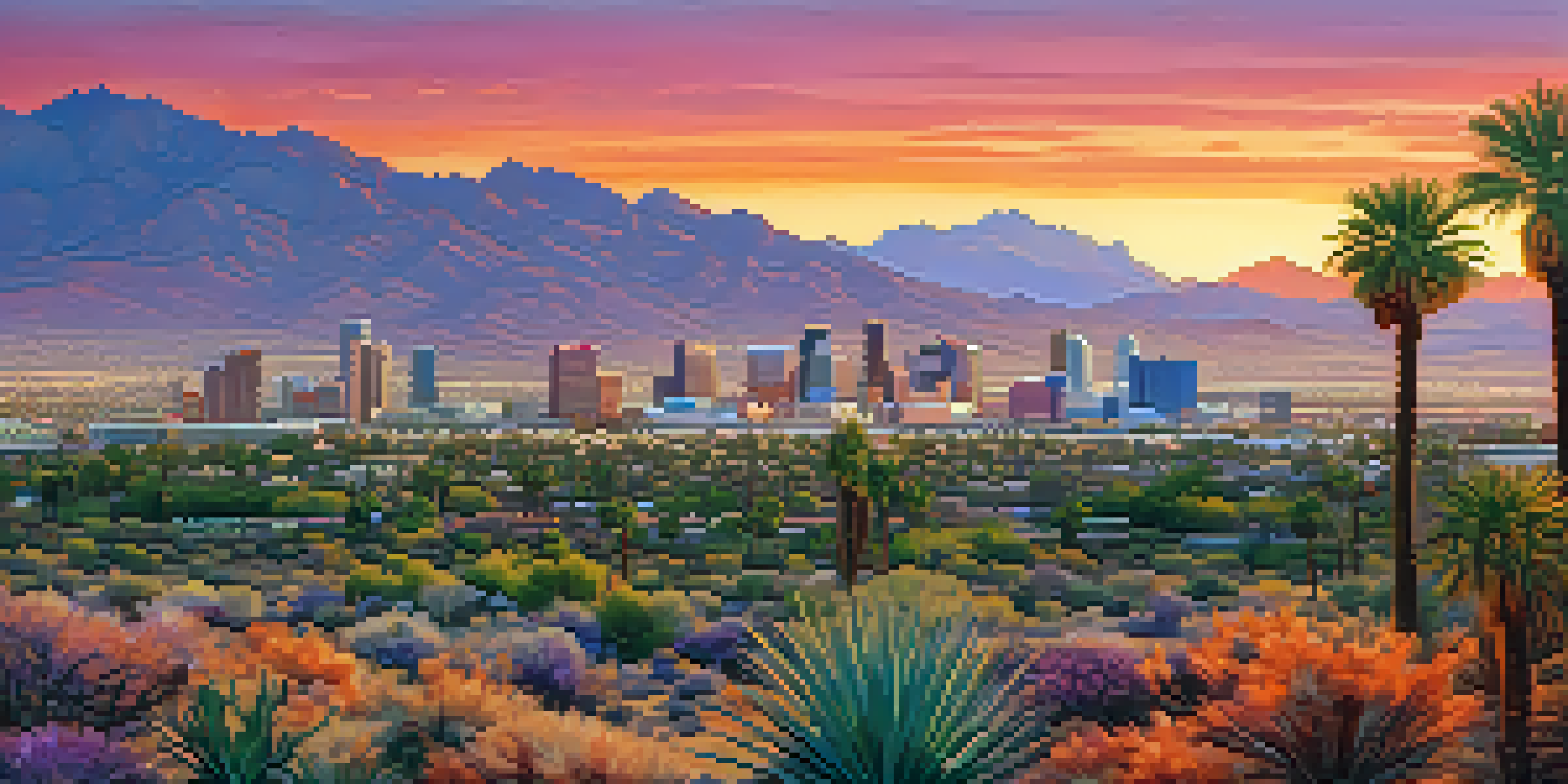 A sunset view of Phoenix, Arizona, highlighting modern buildings and desert mountains with vibrant sky colors.