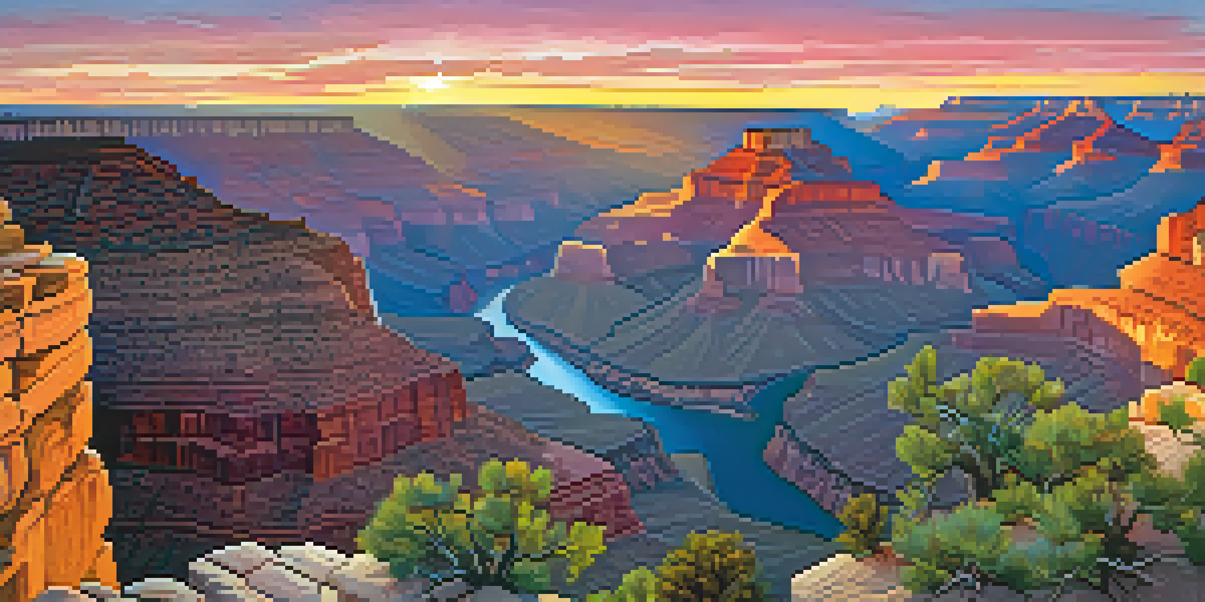 A stunning sunrise over the Grand Canyon, showcasing the colorful cliffs and the winding Colorado River below.