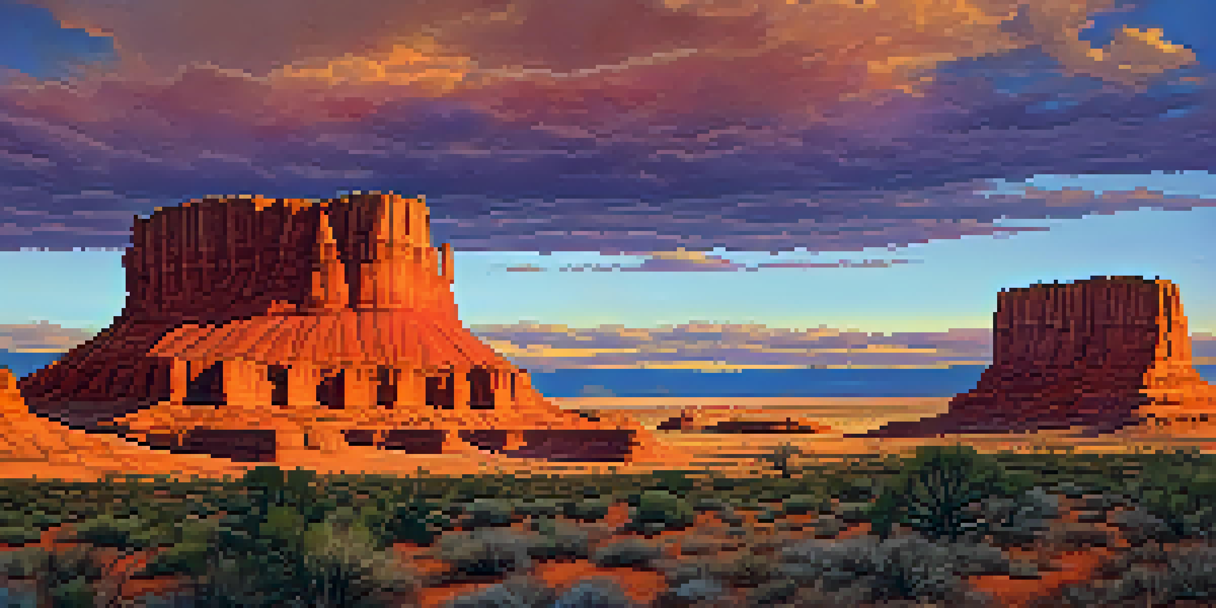 A sunset view of the Navajo Nation with red rock formations and a traditional Navajo hogan in the foreground, illuminated by golden light.
