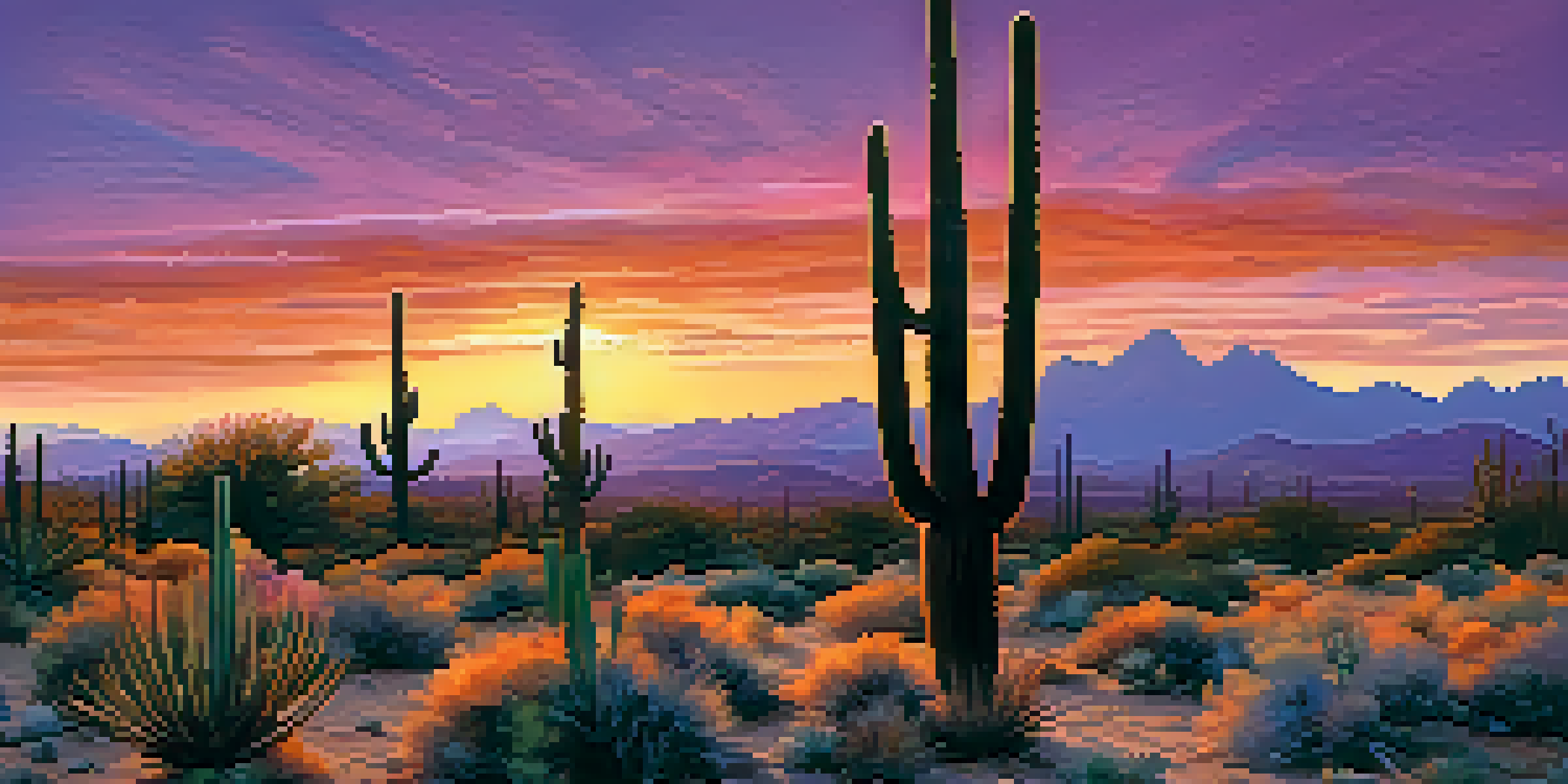 A vibrant sunset over the Arizona desert with silhouetted cacti in the foreground.