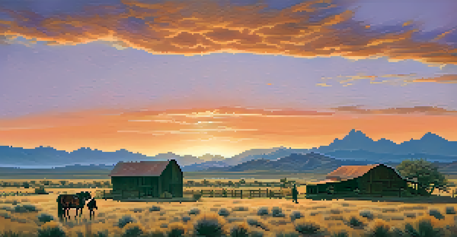 A sunset view of a historic Arizona ranch with a wooden barn and a cowboy on horseback.