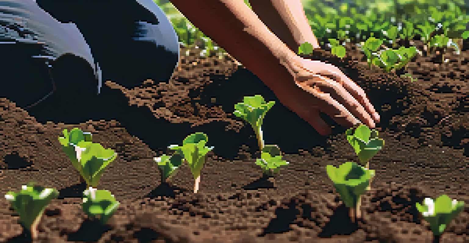 A farmer kneeling on the ground inspecting dark soil with green plants around, illuminated by sunlight, representing sustainable farming.