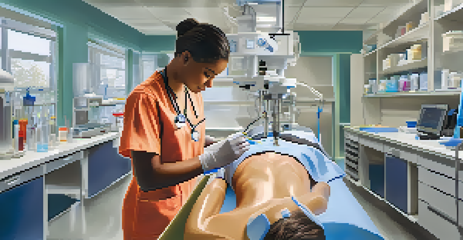 A nursing student practicing in a skills lab, using a medical mannequin with various tools around, symbolizing practical healthcare training.