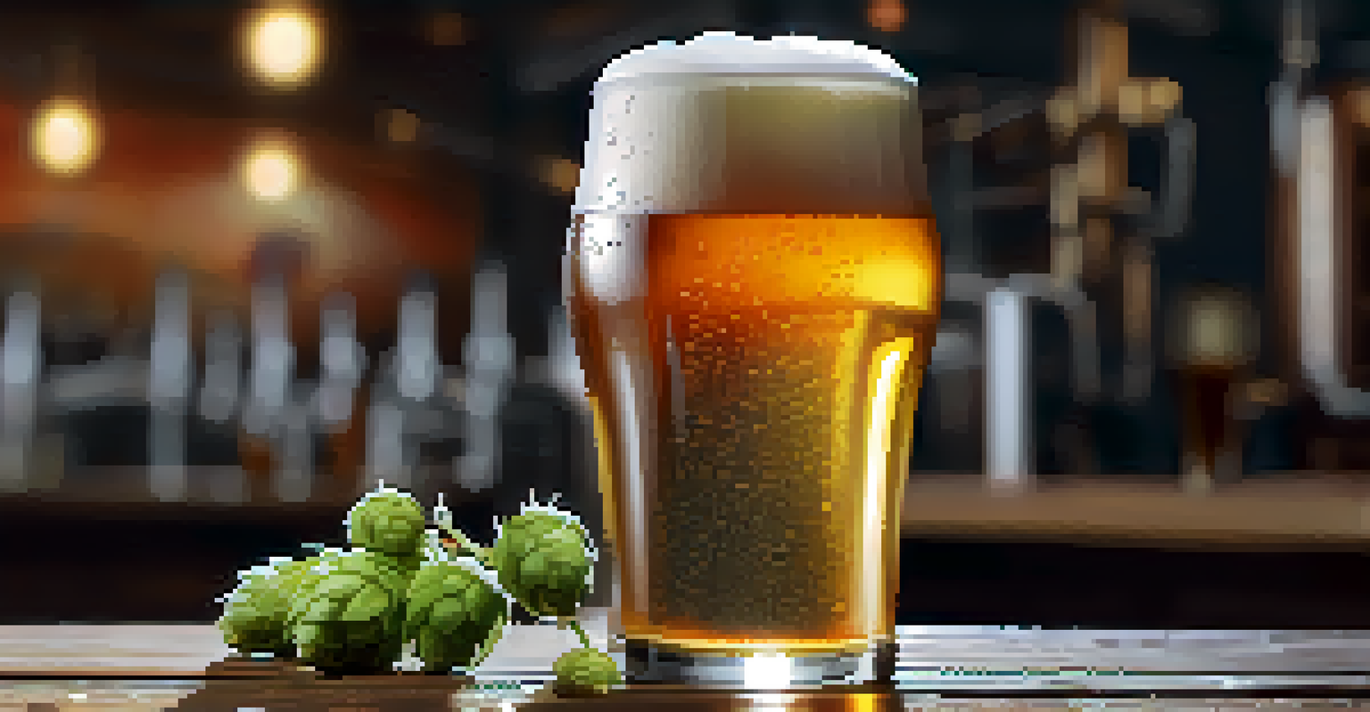 A frosty pint of craft beer on a wooden table with hops and barley grains, set against blurred brewery equipment.