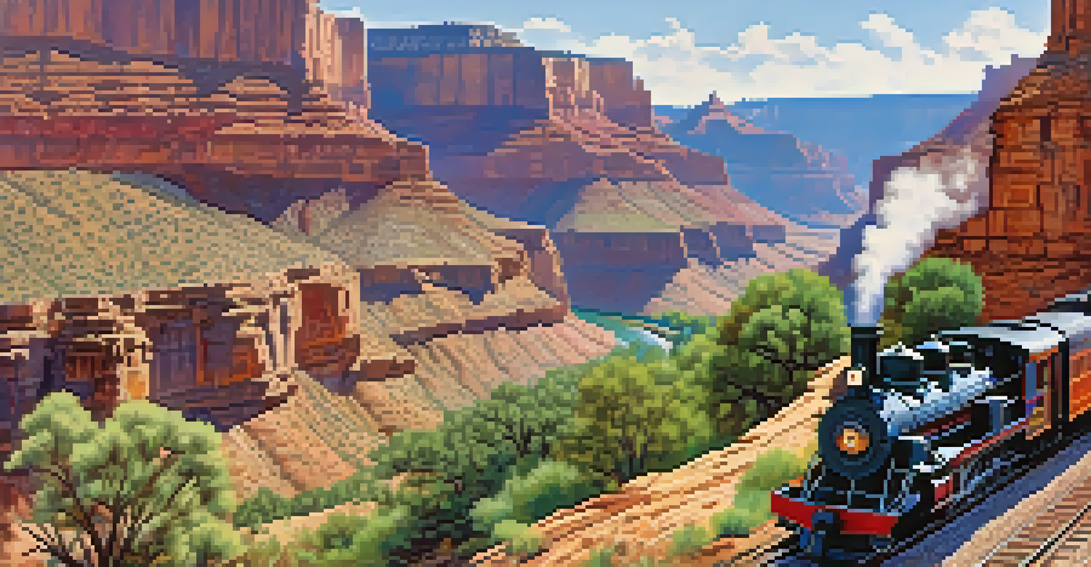 A vintage steam locomotive traveling along the Grand Canyon, with colorful canyon walls and greenery visible.