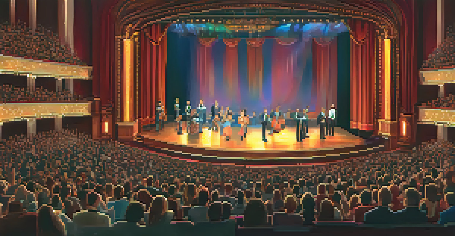 An audience enjoying a live performance at the Fox Theatre, with performers illuminated on stage in a beautifully decorated auditorium.