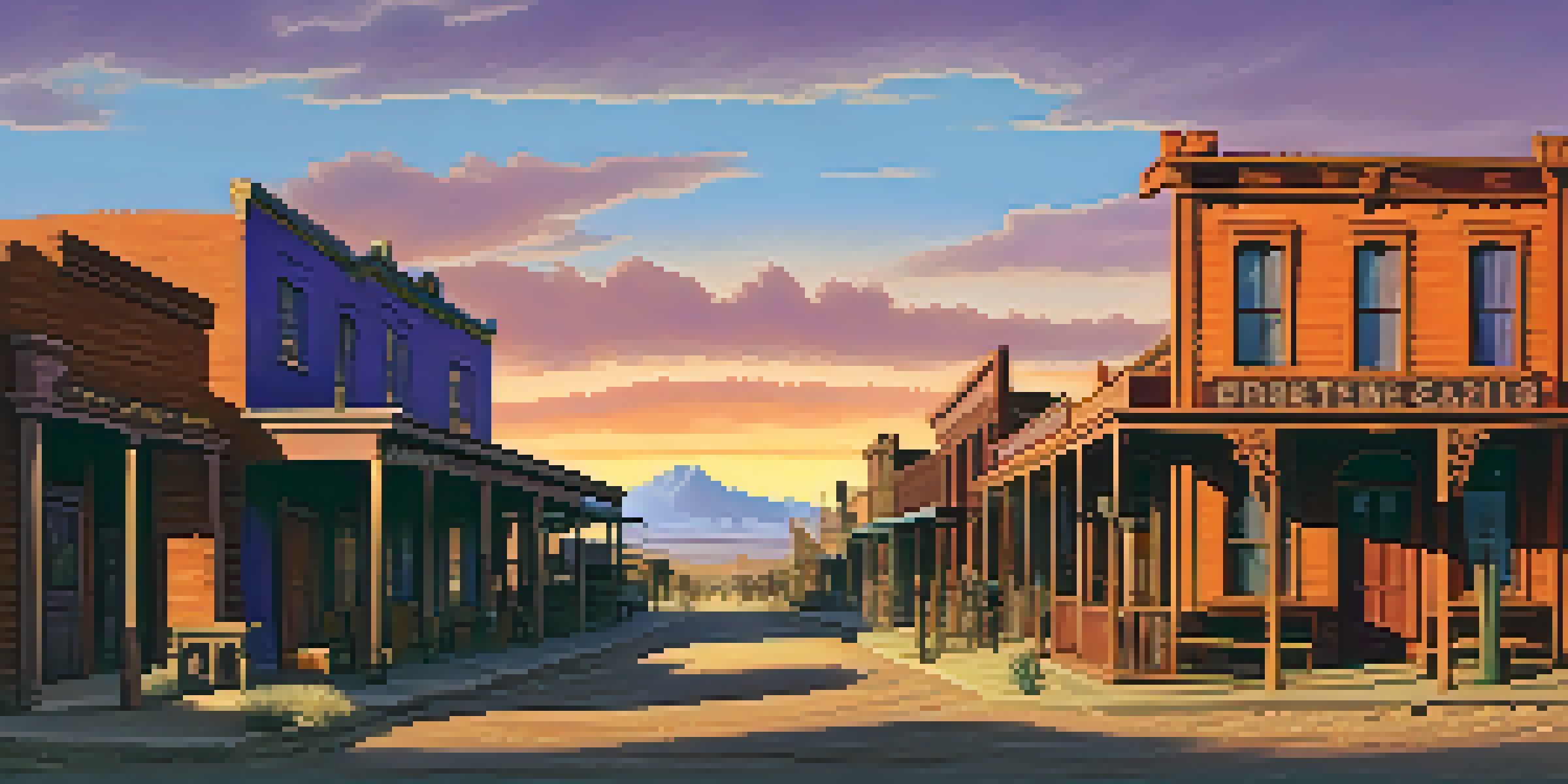 A scenic view of the ghost town of Tombstone during sunset, highlighting rustic buildings and the desert landscape.