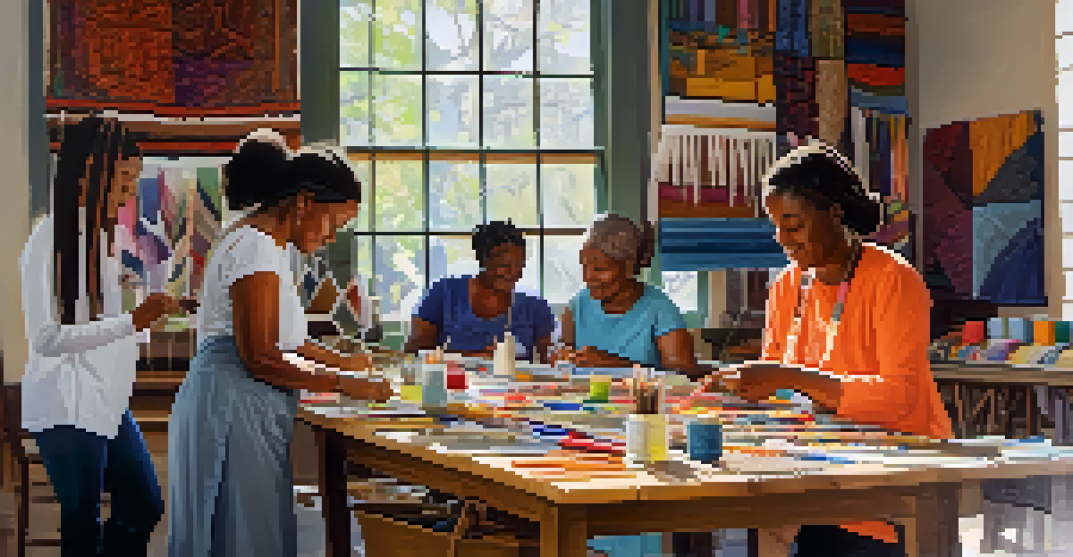 A community workshop with artisans collaborating and sharing skills. The image showcases a variety of crafting materials and a warm, inviting atmosphere.