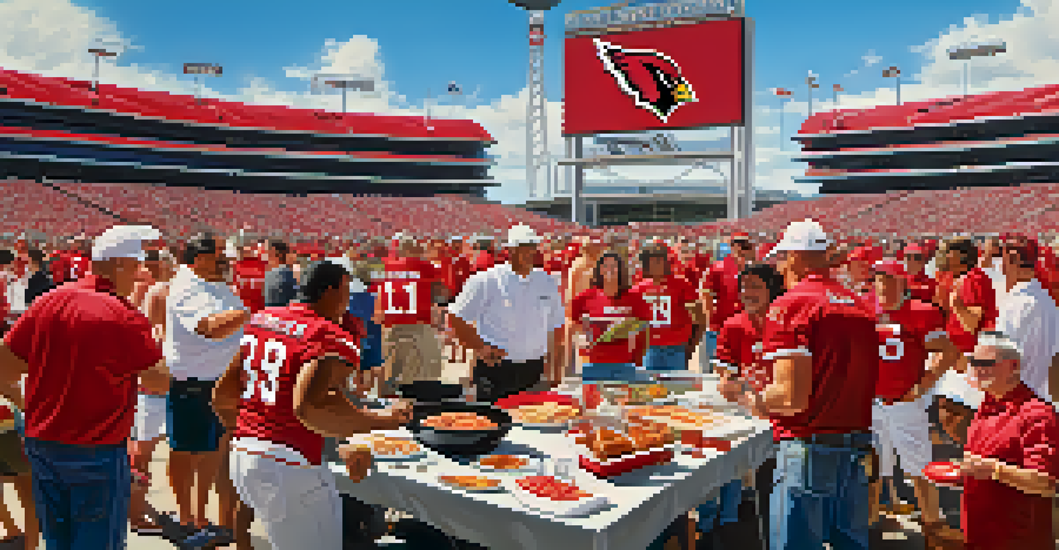Tailgating scene with fans in Arizona Cardinals jerseys enjoying food and games outside the stadium.